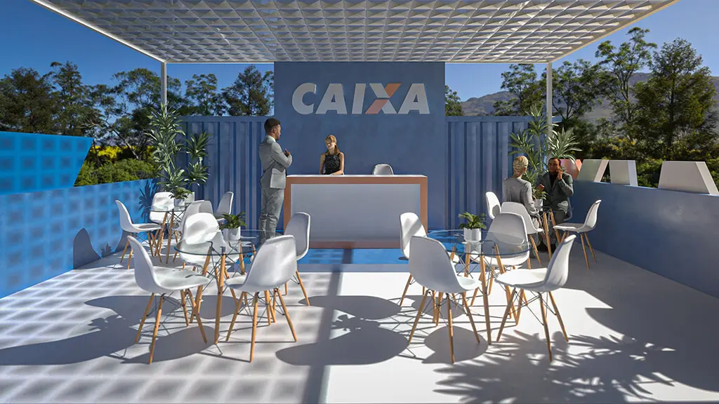 Projeto de stand externo do expositor Caixa que criamos para a feira Show Safra 2022