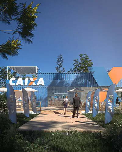 Projeto de stand externo do expositor Caixa que criamos para a feira Show Safra 2022