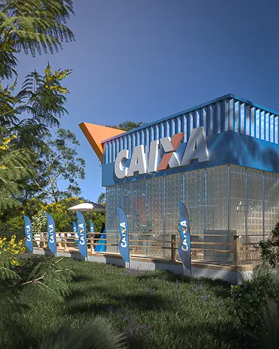 Projeto de stand externo do expositor Caixa que criamos para a feira Show Safra 2022