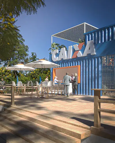 Projeto de stand externo do expositor Caixa que criamos para a feira Show Safra 2022