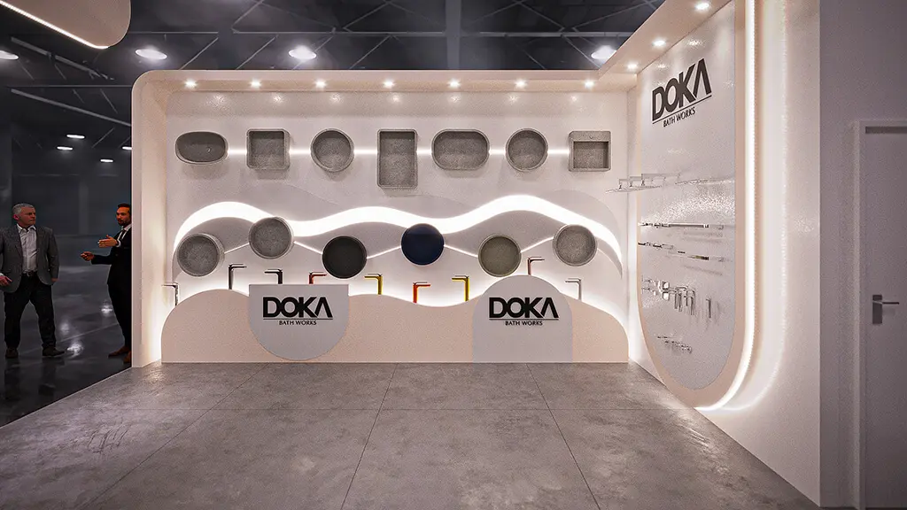 Projeto de stand do expositor Doka que criamos para a feira Expo Revestir 2022