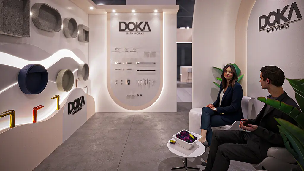 Projeto de stand do expositor Doka que criamos para a feira Expo Revestir 2022