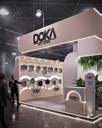 Projeto de stand do expositor Doka que criamos para a feira Expo Revestir 2022
