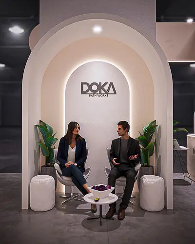 Projeto de stand do expositor Doka que criamos para a feira Expo Revestir 2022