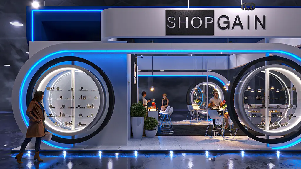 Projeto de stand do expositor Shopgain que criamos para a feira Estetica 2022