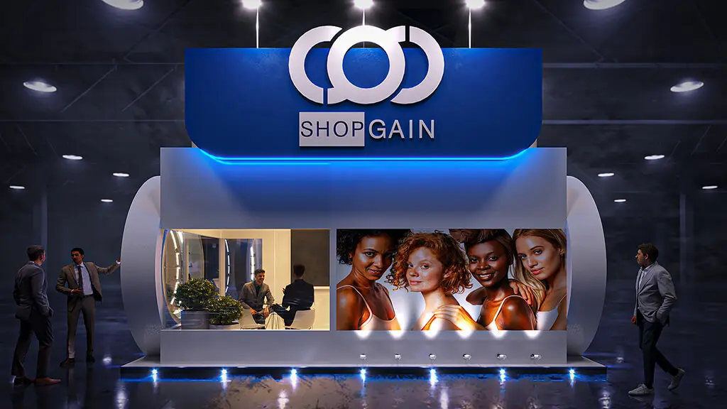 Projeto de stand do expositor Shopgain que criamos para a feira Estetica 2022