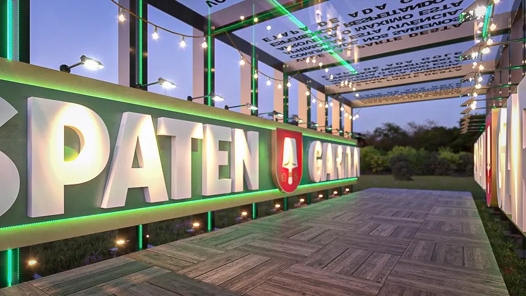 Projeto de stand externo do expositor Spaten que criamos para o evento Spaten Garten 2022